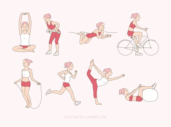Female Character Doing Various Exercises Hand Drawn Style Vector Design — Stockvector