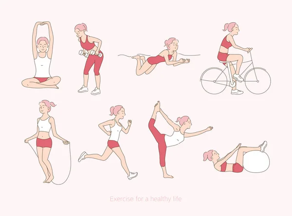 Female Character Doing Various Exercises Hand Drawn Style Vector Design — Vetor de Stock