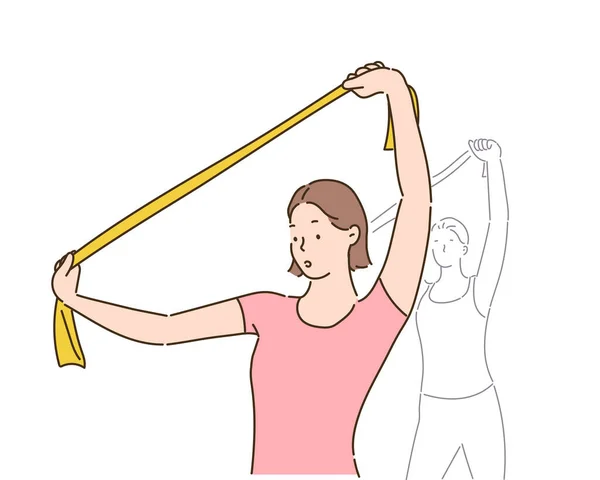 Woman Exercising Rubber Band Her Hand Hand Drawn Style Vector — ストックベクタ