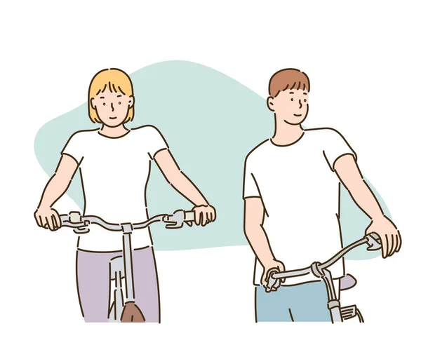 Man Woman Riding Bicycles Hand Drawn Style Vector Design Illustrations — Stok Vektör