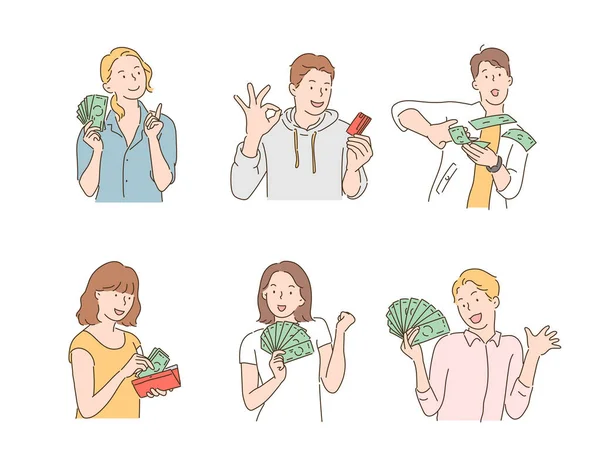 Happy People Lots Money Hands Hand Drawn Style Vector Design — Stok Vektör