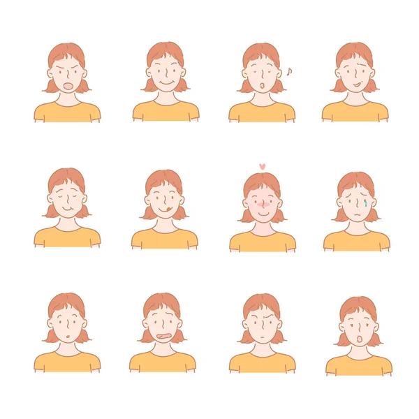 Collection Icons Various Facial Expressions Girl Hand Drawn Style Vector — Vetor de Stock