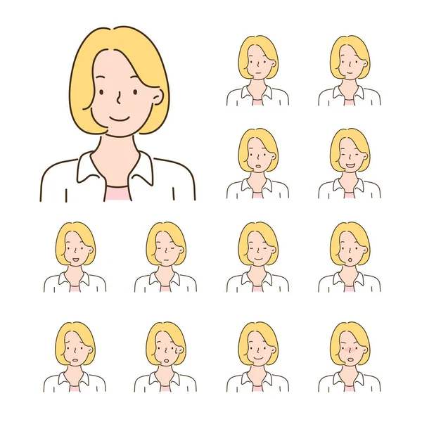 Collection Icons Various Facial Expressions Women Hand Drawn Style Vector - Stok Vektor