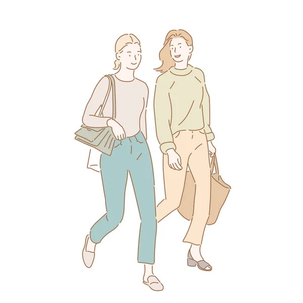 Two Women Walking Talking Hand Drawn Style Vector Design Illustrations — Image vectorielle