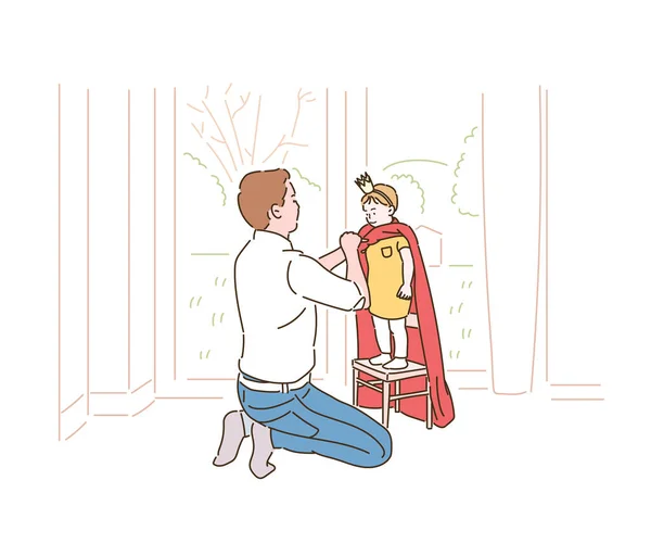 Father Putting Super Hero Cape His Son Hand Drawn Style — Archivo Imágenes Vectoriales