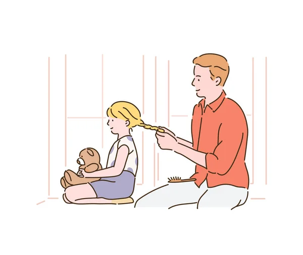 Dad Tying His Daughter Hair Hand Drawn Style Vector Design — Image vectorielle
