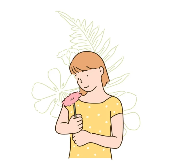 Uma Menina Está Segurando Flores Desenhado Mão Estilo Vetor Design —  Vetores de Stock