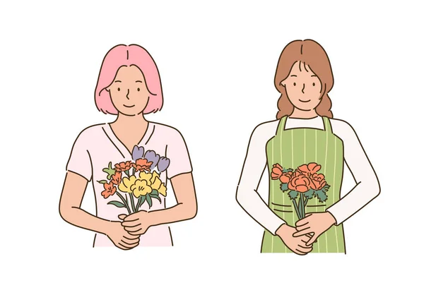 Employé Fleuriste Tient Bouquet Fleurs Illustrations Design Vectoriel Style Dessiné — Image vectorielle