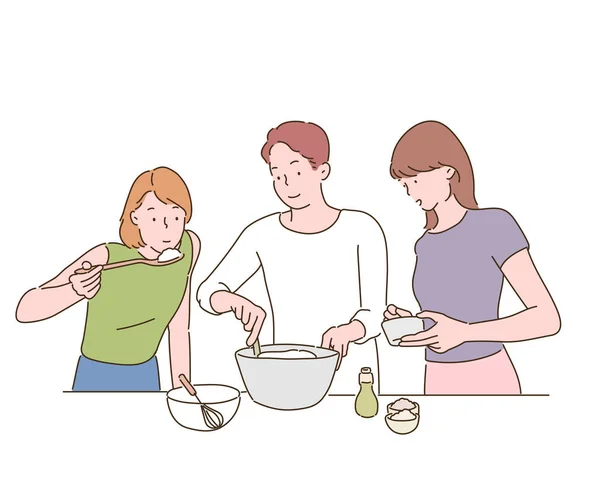 Gente Está Cocinando Juntos Ilustraciones Diseño Vectores Estilo Dibujado Mano — Archivo Imágenes Vectoriales