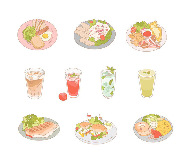 Вкусные обеденные меню на тарелке. Ручные рисунки векторного дизайна. 