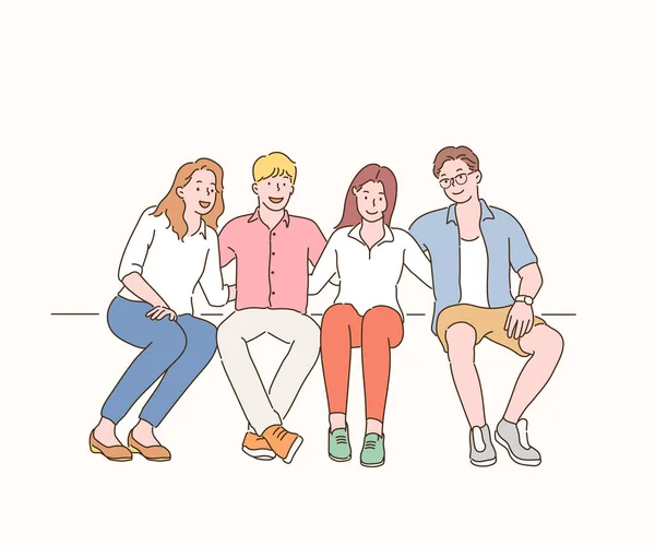 Four Friends Sitting Friendly Hand Drawn Style Vector Design Illustrations — Stock Vector