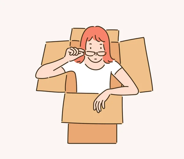 Woman Comes Out Box Hand Drawn Style Vector Design Illustrations — Stok Vektör