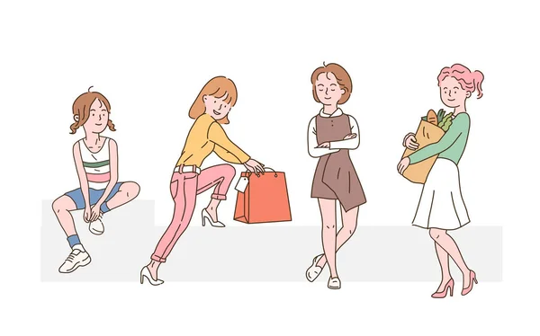 Diferentes Estilos Personagens Femininas Desenhado Mão Estilo Vetor Design Ilustrações — Vetor de Stock