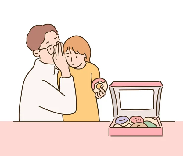 Menina Está Segurando Donut Mão Seu Pai Está Sussurrando Para — Vetor de Stock