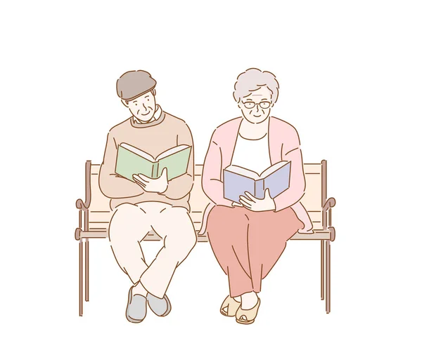 Couple Âgé Est Assis Sur Banc Lit Livre — Image vectorielle