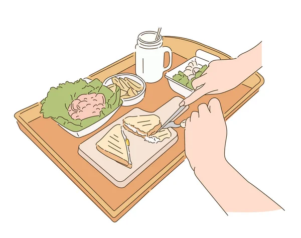 Крупный План Руки Поедающей Еду Подносе — стоковый вектор
