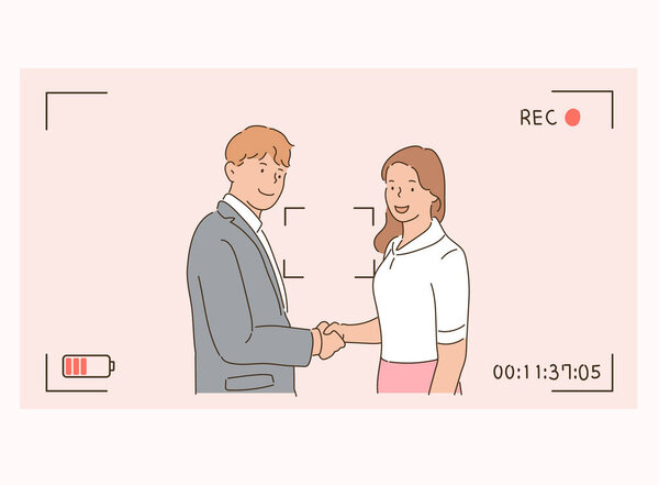 A businessman and a business woman are shaking hands in a photo frame.