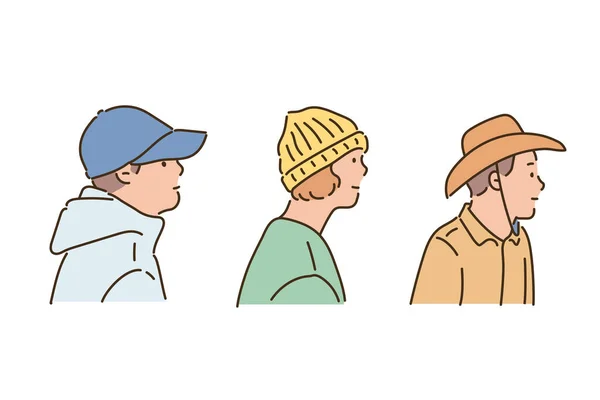 Side View People Wearing Different Styles Hats — Stock Vector