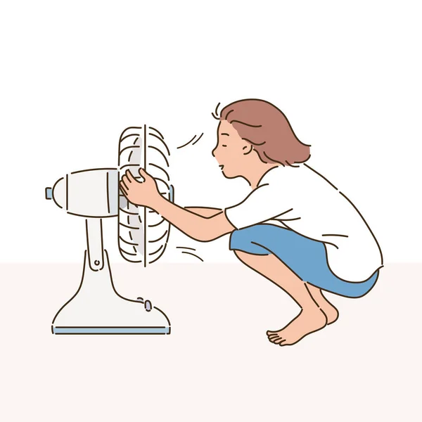 Ein Mädchen Heißen Sommer Hält Einen Ventilator — Stockvektor