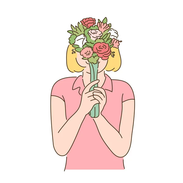 一个女人手里拿着一朵花 蒙着脸 — 图库矢量图片
