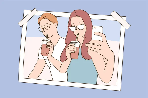 Couple Prend Selfie Tout Prenant Verre Concept Photo — Image vectorielle