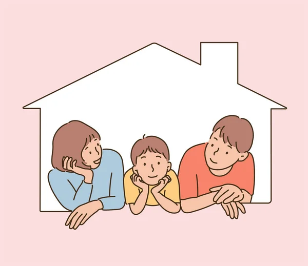 Three People Sticking Out House Shaped Frame — Stock Vector