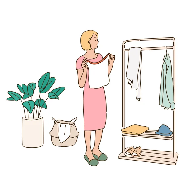 Eine Frau Sucht Kleidungsstücke Aus Kleiderbügeln Kleiderschrank Aus — Stockvektor