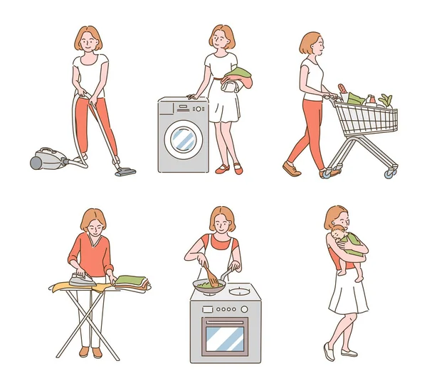 Woman Doing Housework Hand Drawn Style Vector Design Illustrations — Stok Vektör
