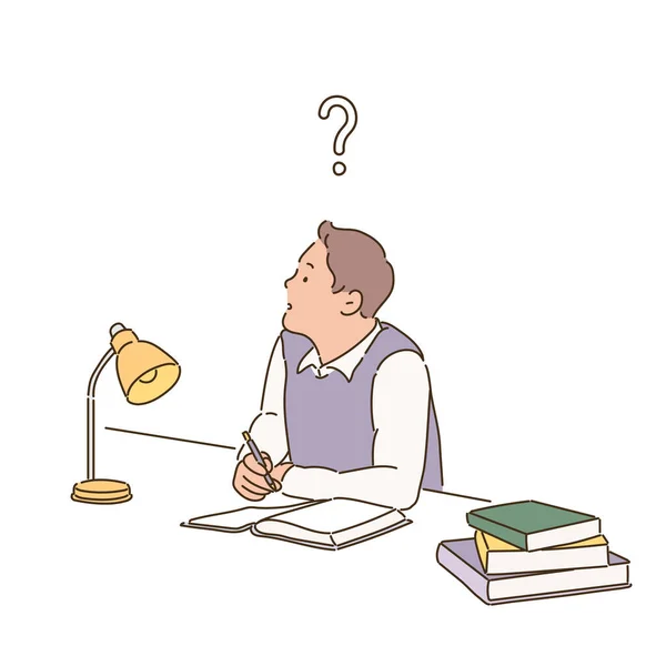 Question Mark Floating Head Student Studying Desk Hand Drawn Style — Wektor stockowy