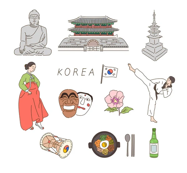 Korean Landmarks Traditional Icons Hand Drawn Style Vector Design Illustrations — Stockvector
