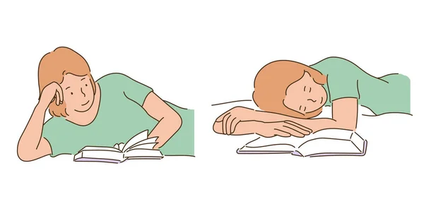 Girl Fell Asleep While Reading Book Hand Drawn Style Vector — 图库矢量图片