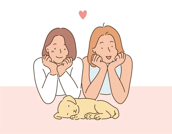 Two Girls Chins Crossed Looking Sleeping Puppy Hand Drawn Style — Vetor de Stock