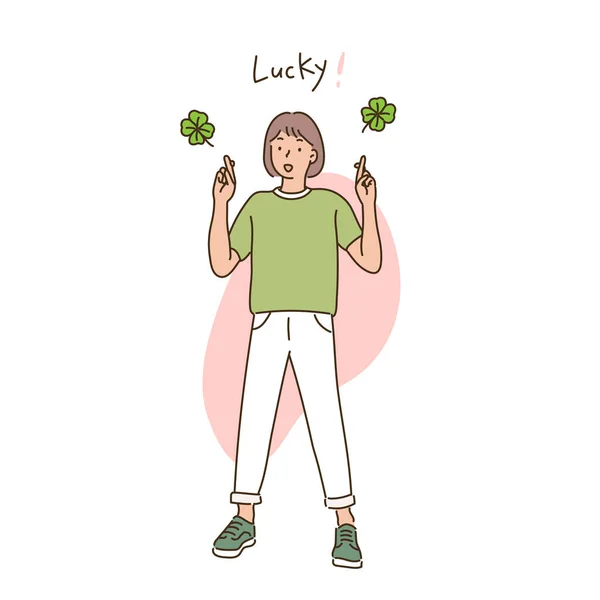 Woman Crosses Her Fingers Prays Good Luck Hand Hand Drawn — ストックベクタ