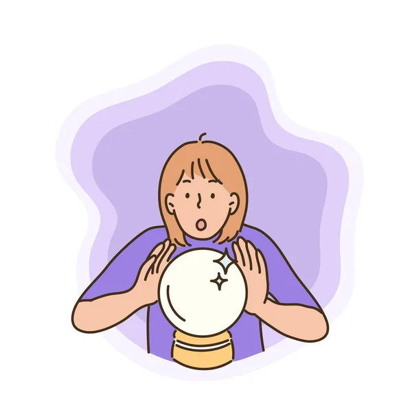 Woman Divination While Looking Crystal Ball Hand Drawn Style Vector — Vetor de Stock