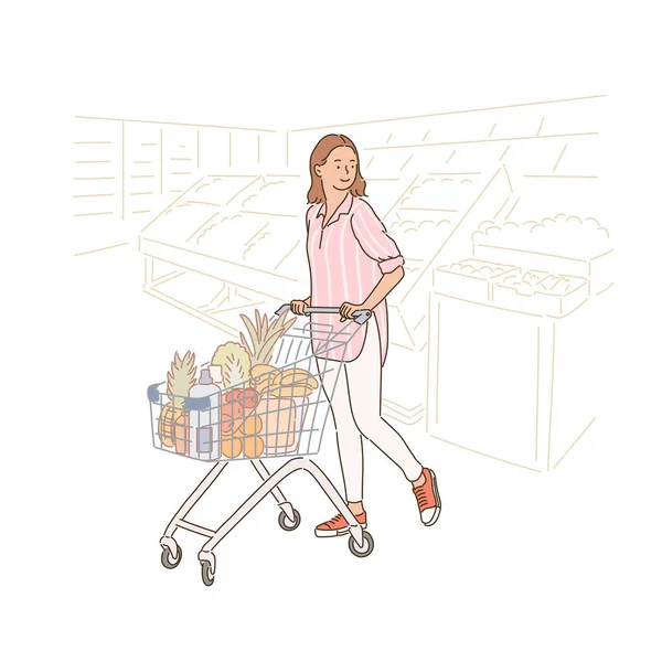Eine Frau Geht Einem Supermarkt Einkaufen Und Schiebt Einen Einkaufswagen — Stockvektor