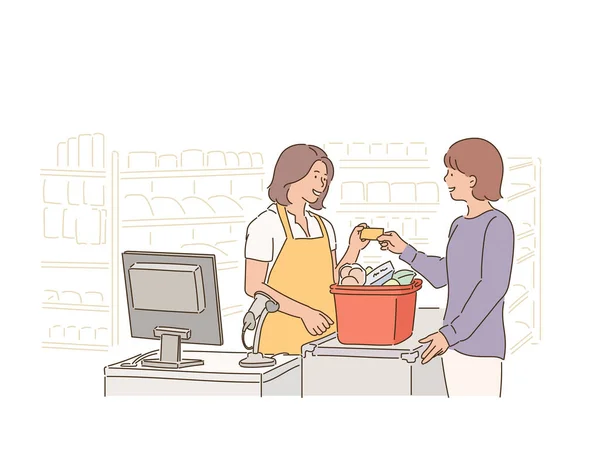 Supermarket Cashiers Customers — Vector de stock