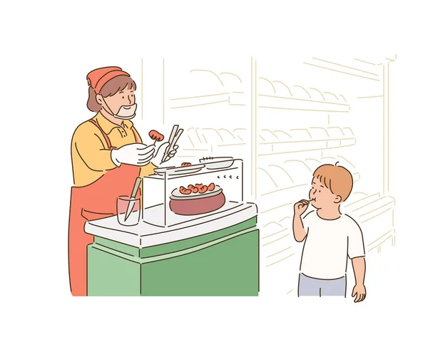 Supermarket Old Woman Preparing Food Tasting Cute Child Eating Hand —  Vetores de Stock