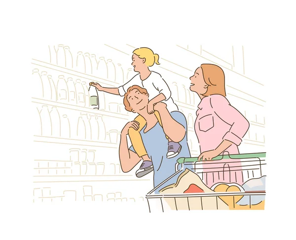 Dad Puts Little Daughter Shoulders Mom Pushing Shopping Cart Shopping —  Vetores de Stock