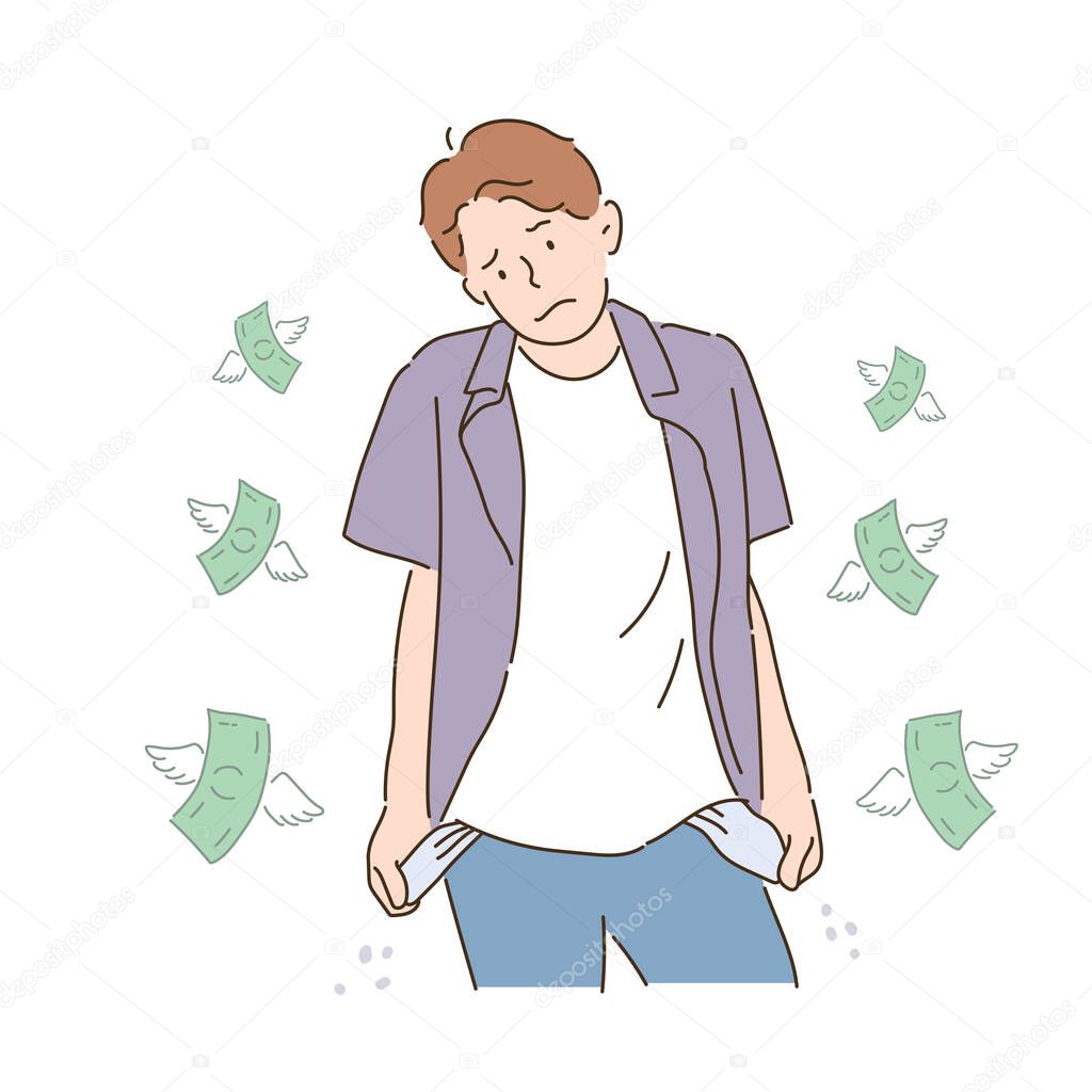 A man is showing an empty pocket. Money is flying around. hand drawn style vector design illustrations.