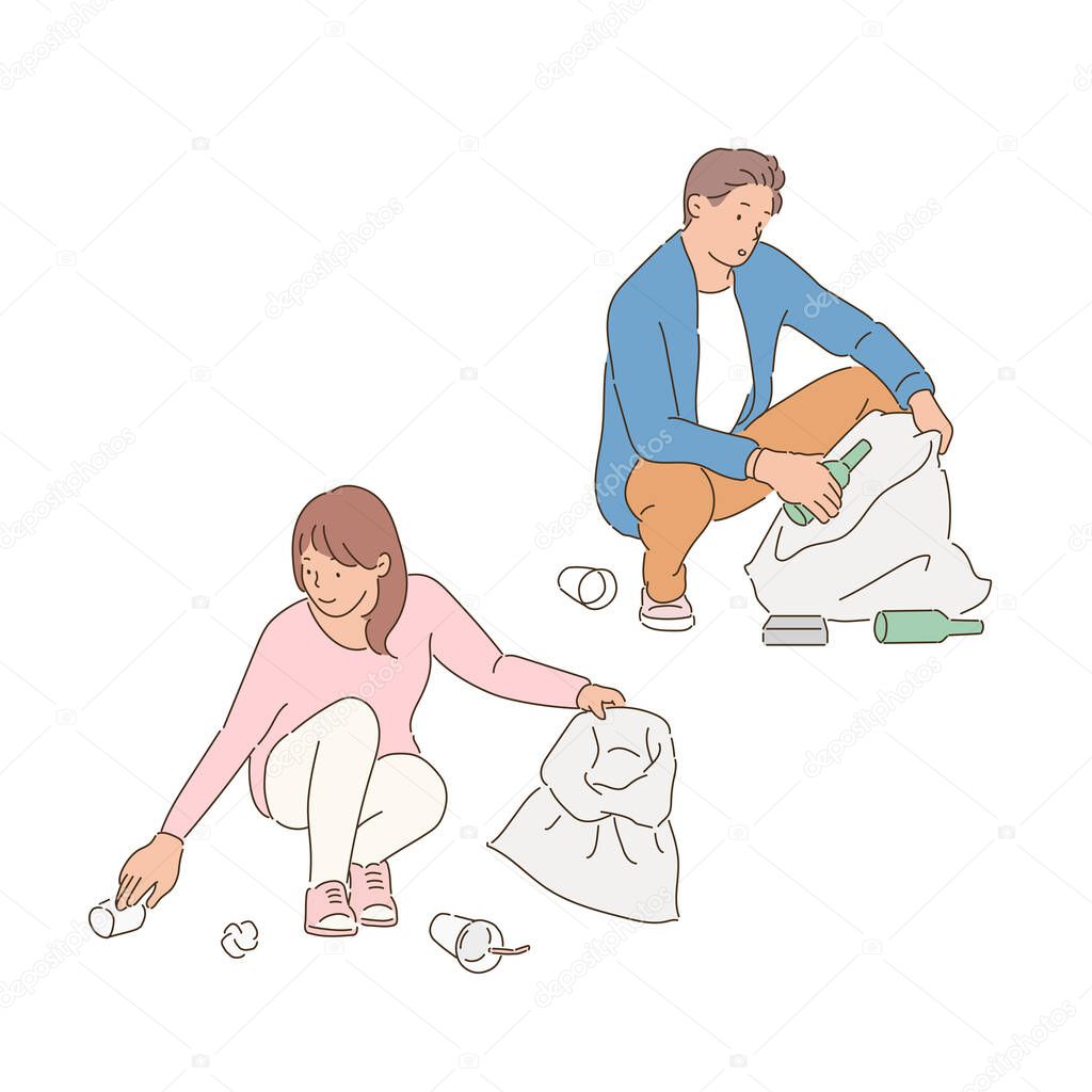 A man and a woman are picking up trash on the floor.