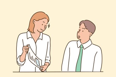 Patron çalışana evrakları işaret ediyor. el çizimi biçim vektör tasarımı çizimleri.