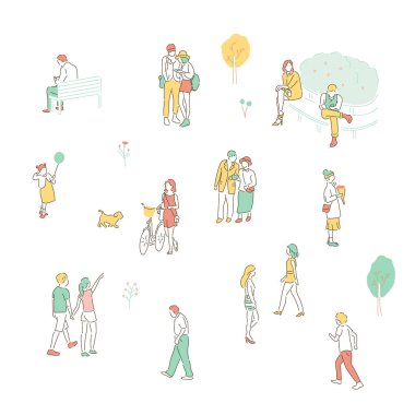 Küçük ve basit insanlar sokakta yürüyorlar. el çizimi biçim vektör tasarımı çizimleri.