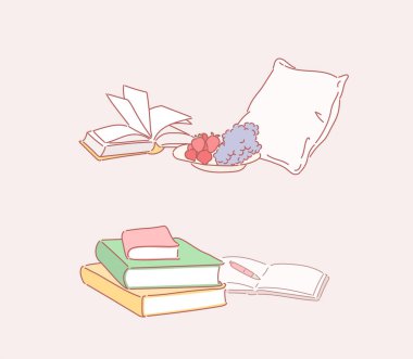 Kitaplar istiflendi ve kitaplıklar devrildi. Rahatlatıcı atmosfer. el çizimi biçim vektör tasarımı çizimleri.