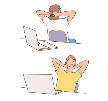  Ofis sandalyesinde oturup dinlenen bir adamın ön ve arka görüntüsü. el çizimi biçim vektör tasarımı çizimleri.