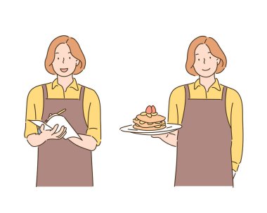 Önlük takan bir garson bir not defterine not alırken ya da bir elinde yemek tutarken servis yapıyor. el çizimi biçim vektör tasarımı çizimleri.