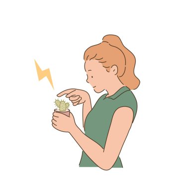 Bir kadın kaktüs tenceresine parmağıyla dokunuyor. el çizimi biçim vektör tasarımı çizimleri.