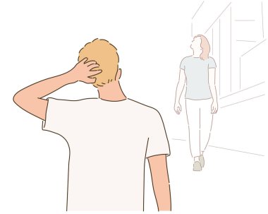 Bir adam sokakta bir tanıdığıyla karşılaştığında kafasının arkasını kaşır. el çizimi biçim vektör tasarımı çizimleri.