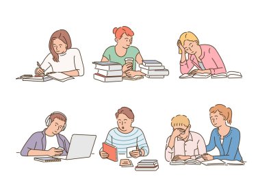 Öğrenciler kendi tarzlarında çalışırlar. el çizimi biçim vektör tasarımı çizimleri. 