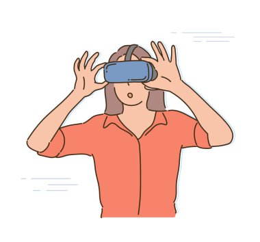 Bir kadın VR gözlük takıyor ve iki eliyle bardakları tutuyor. el çizimi biçim vektör tasarımı çizimleri. 