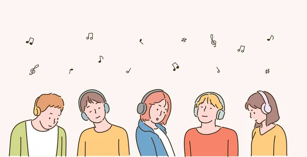 Mensen Dragen Headsets Luisteren Naar Muziek Handgetekende Stijl Vector Ontwerp — Stockvector